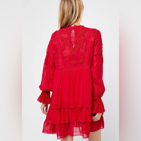 Free People Red Embroidered Boho Tiered Mini Dress | Large - Picture 2 of 11